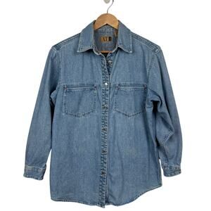 Vintage AT Denim Shirt Jacket 100% Cotton Light Wash Longline Small 90s Workwear